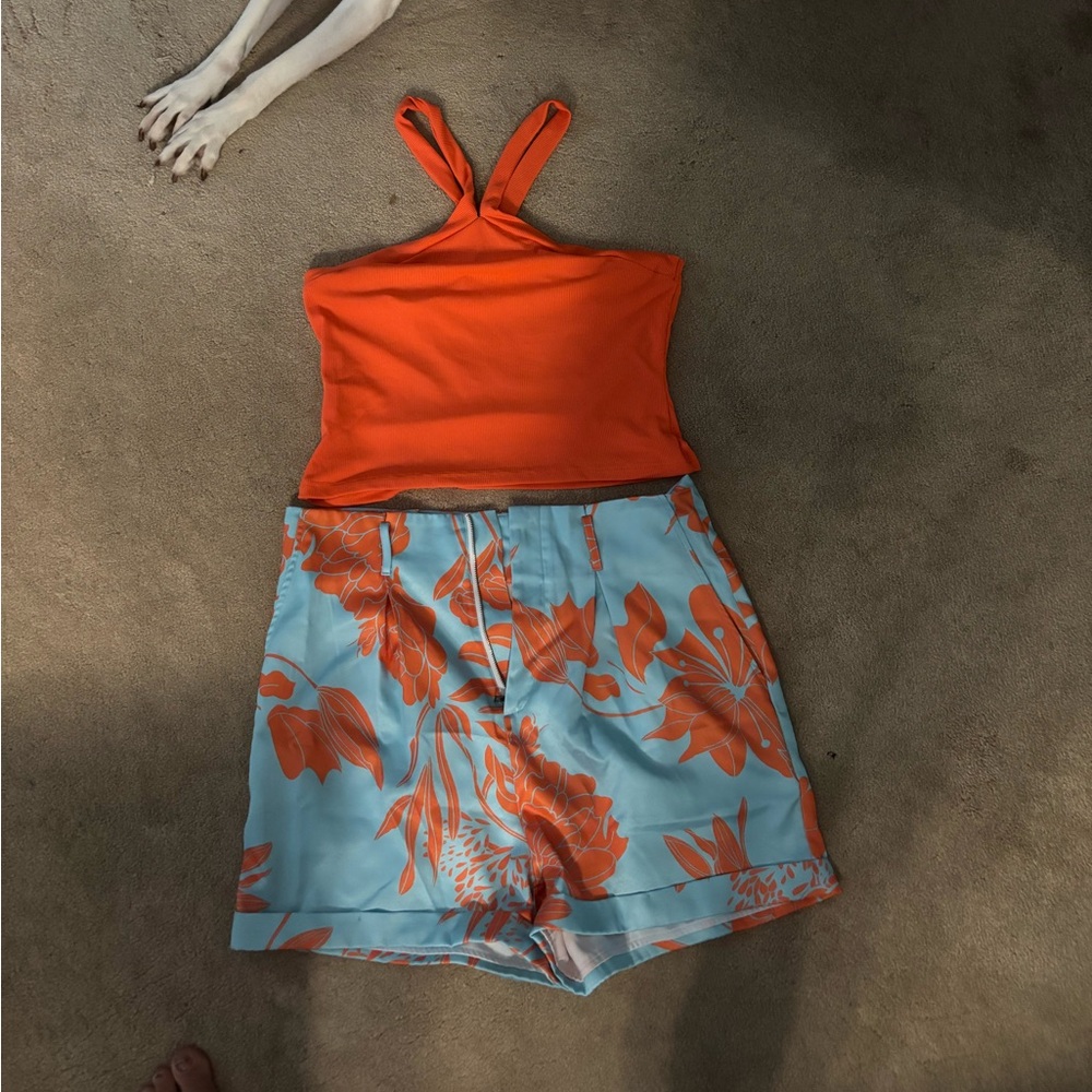 Orange Top and Floral Shorts Set